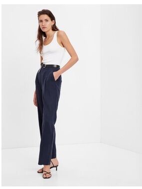 GAP High Rise Wide Leg Drapey FL Tencel Linen Blend Trouser Pant Navy Blue 8